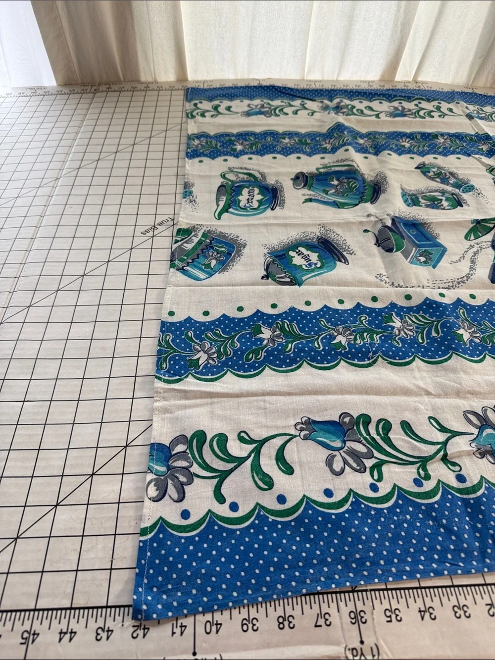 Vintage 1970s Handmade Blue Green Kitchen Tablecloth 42x36 Coffee Pot Sugar Bowl